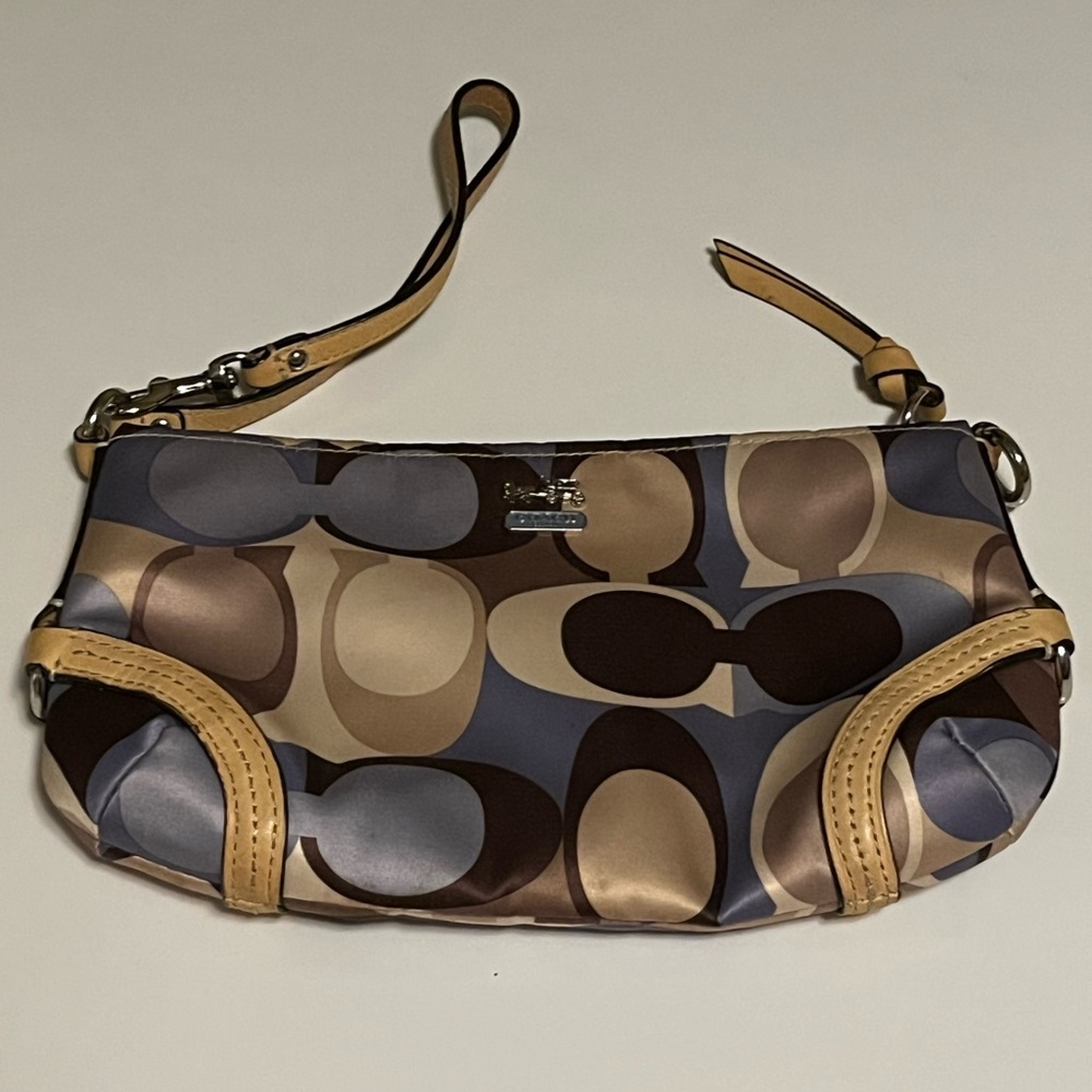 Coach Baguette Wristlet Bag Satin Purse Multicoloured W Cream Leather Accents